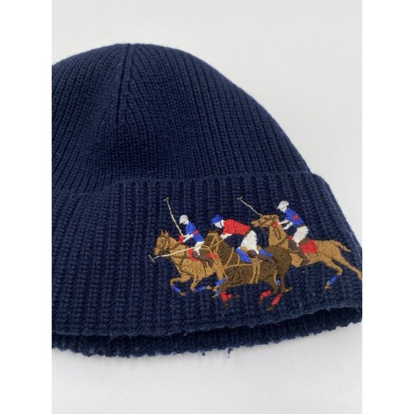 Polo Ralph Lauren Horse Racing Navy Triple Pony Beanie Hat READ - Picture 2 of 6